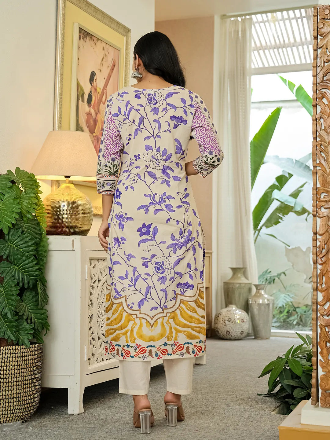 Yufta Yellow Cotton Straight Floral Print Beads And Stones Kurta Dupatta Set