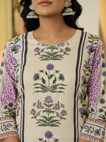 Thumbnail for Yufta Yellow Cotton Straight Floral Print Beads And Stones Kurta Dupatta Set