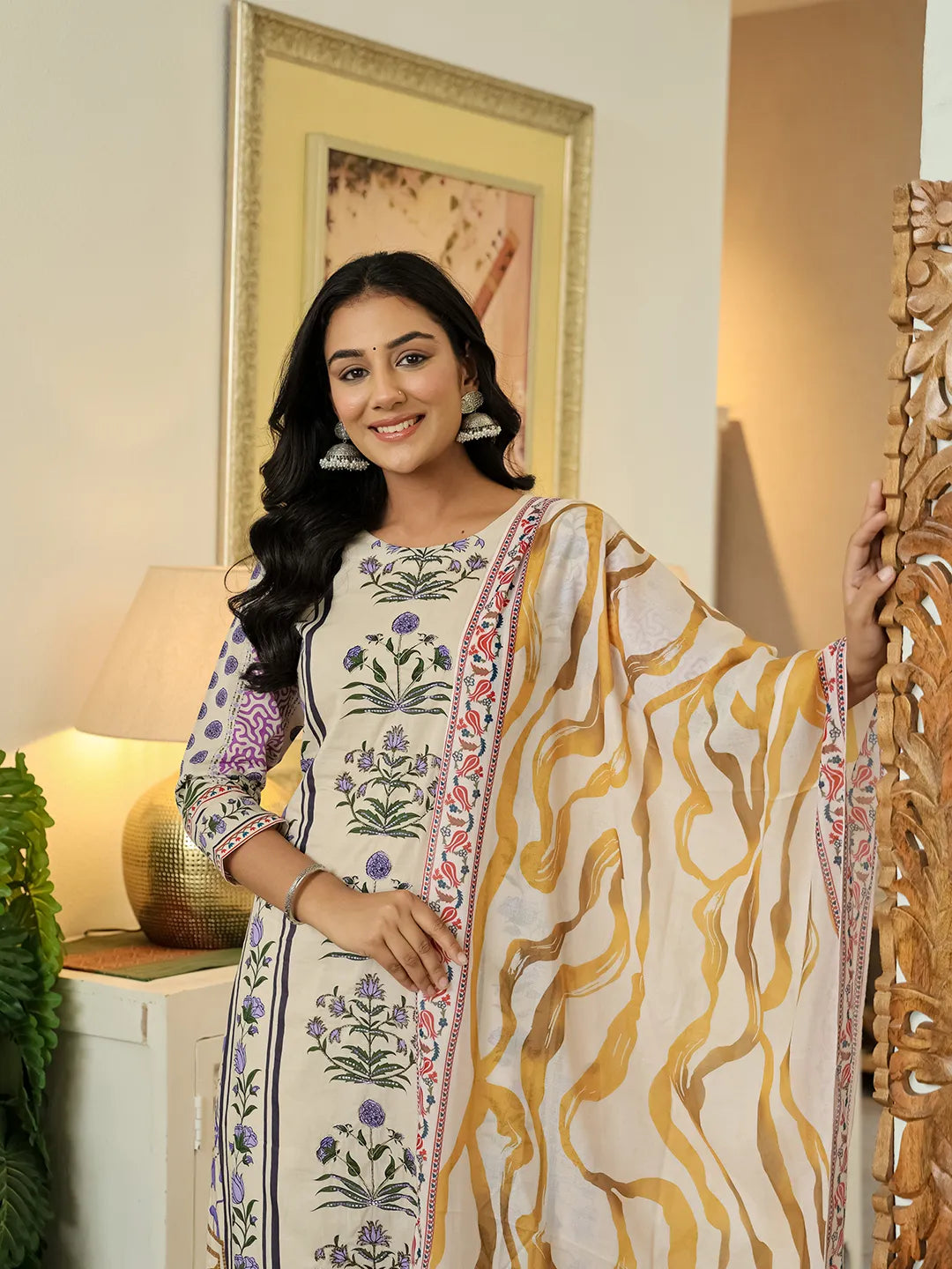 Yufta Yellow Cotton Straight Floral Print Beads And Stones Kurta Dupatta Set