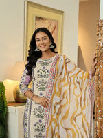 Thumbnail for Yufta Yellow Cotton Straight Floral Print Beads And Stones Kurta Dupatta Set