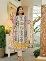 Thumbnail for Yufta Yellow Cotton Straight Floral Print Beads And Stones Kurta Dupatta Set
