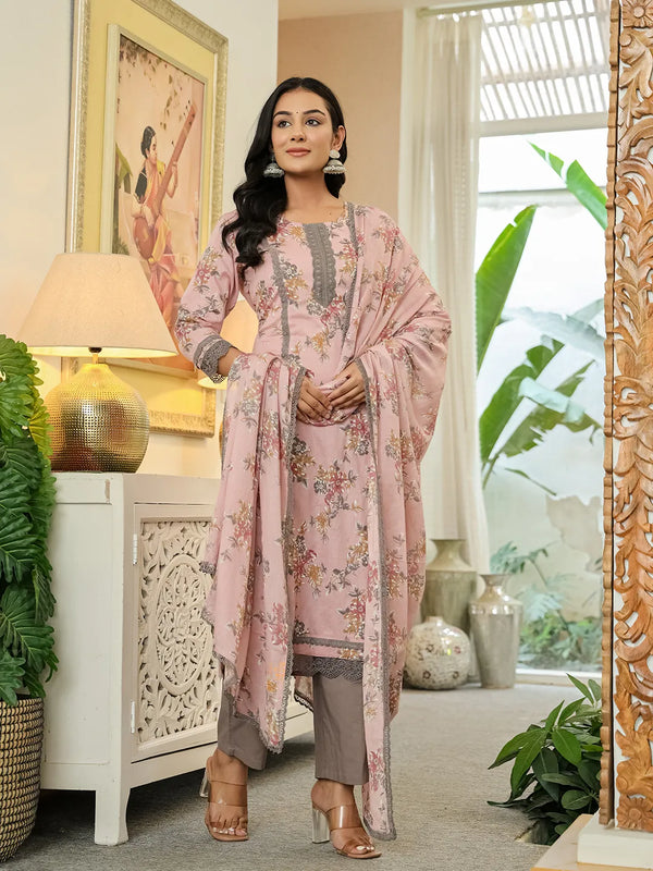 Yufta Pink Cotton Straight Lace Work Kurta Dupatta Set