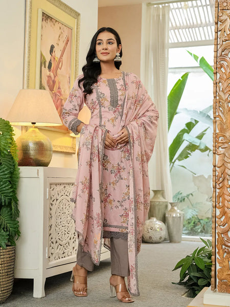 Yufta Pink Cotton Straight Lace Work Kurta Dupatta Set