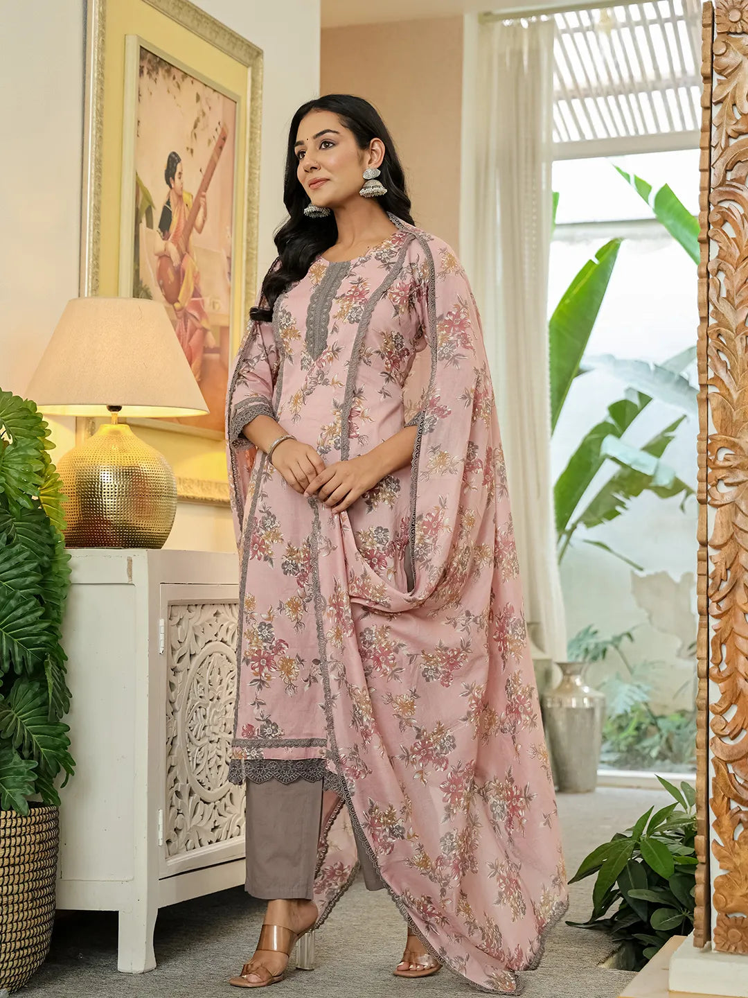 Yufta Pink Cotton Straight Lace Work Kurta Dupatta Set - Distacart