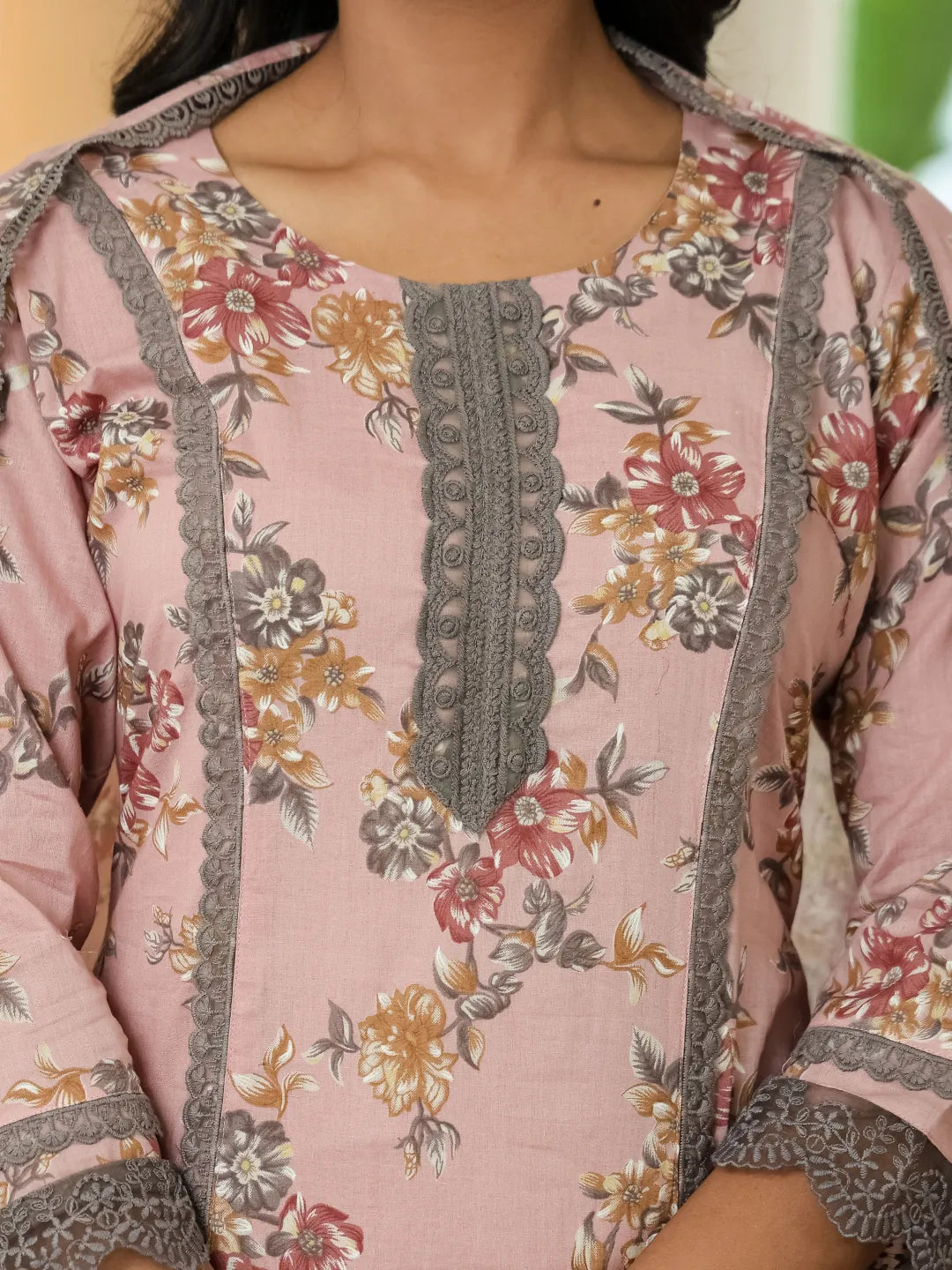 Yufta Pink Cotton Straight Lace Work Kurta Dupatta Set