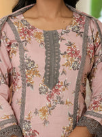 Thumbnail for Yufta Pink Cotton Straight Lace Work Kurta Dupatta Set