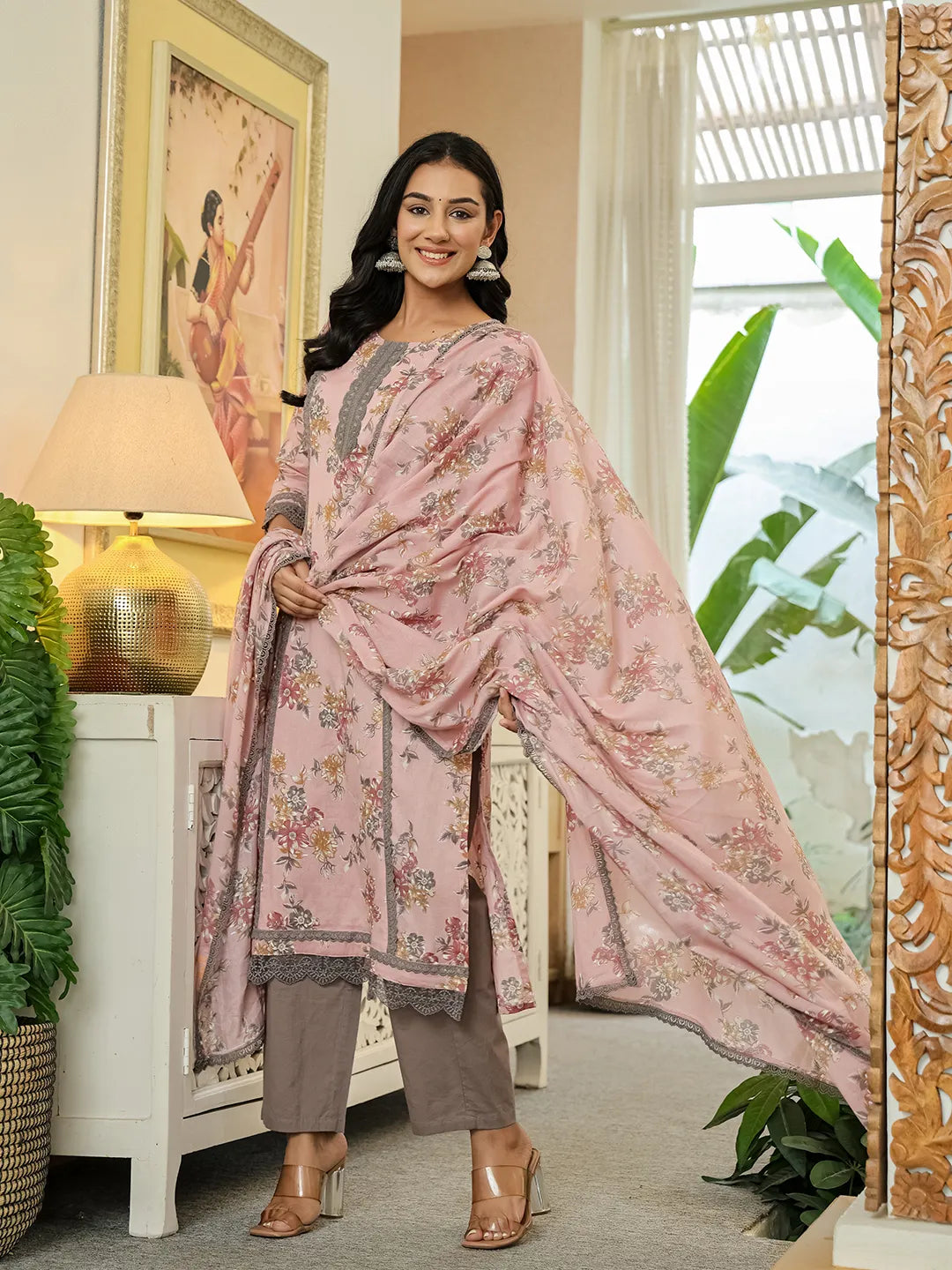 Yufta Pink Cotton Straight Lace Work Kurta Dupatta Set