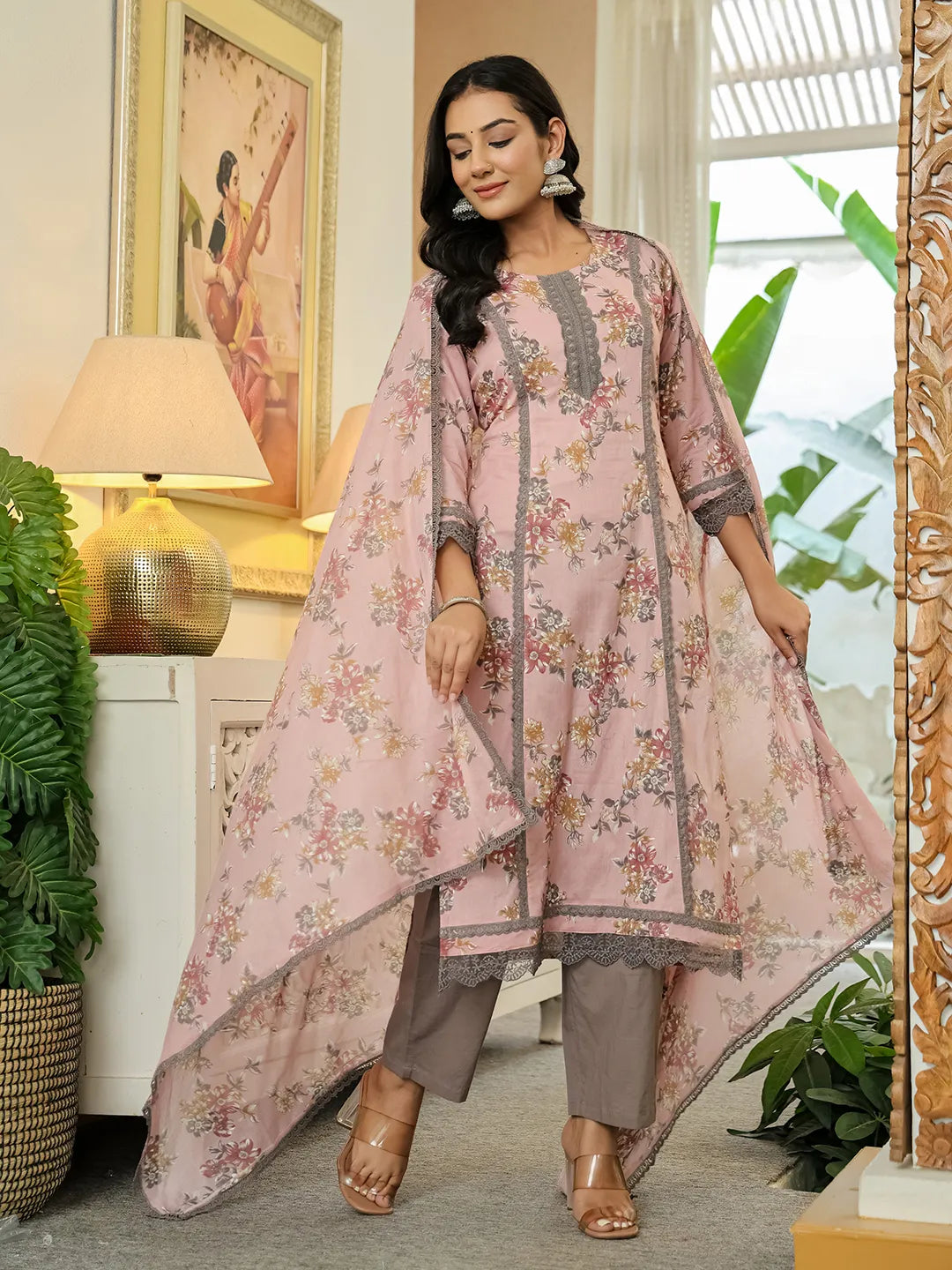 Yufta Pink Cotton Straight Lace Work Kurta Dupatta Set