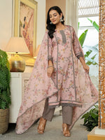 Thumbnail for Yufta Pink Cotton Straight Lace Work Kurta Dupatta Set