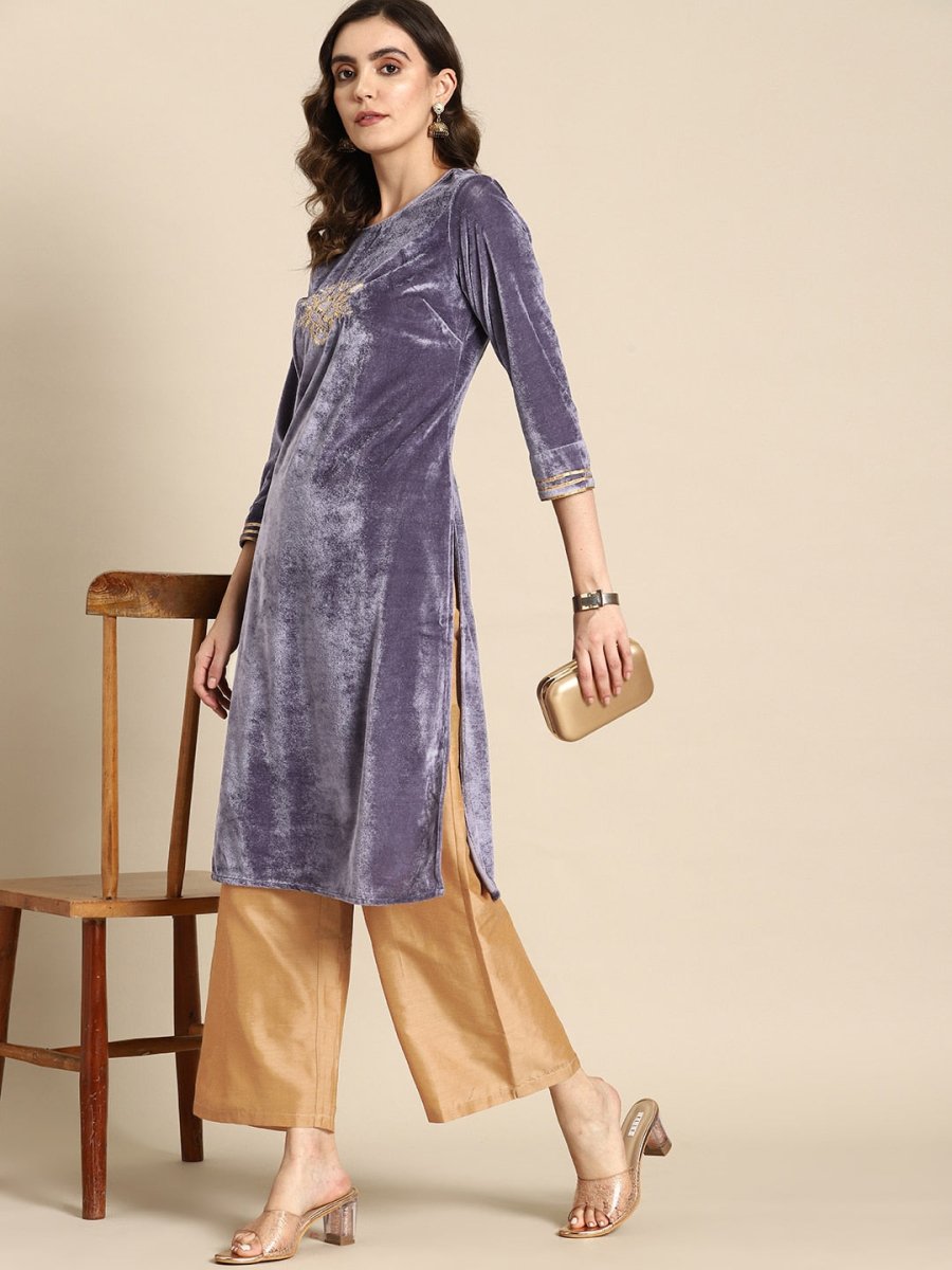 All About You Women Velvet Finish Yoke Design Regular Kurta with Palazzos - Distacart