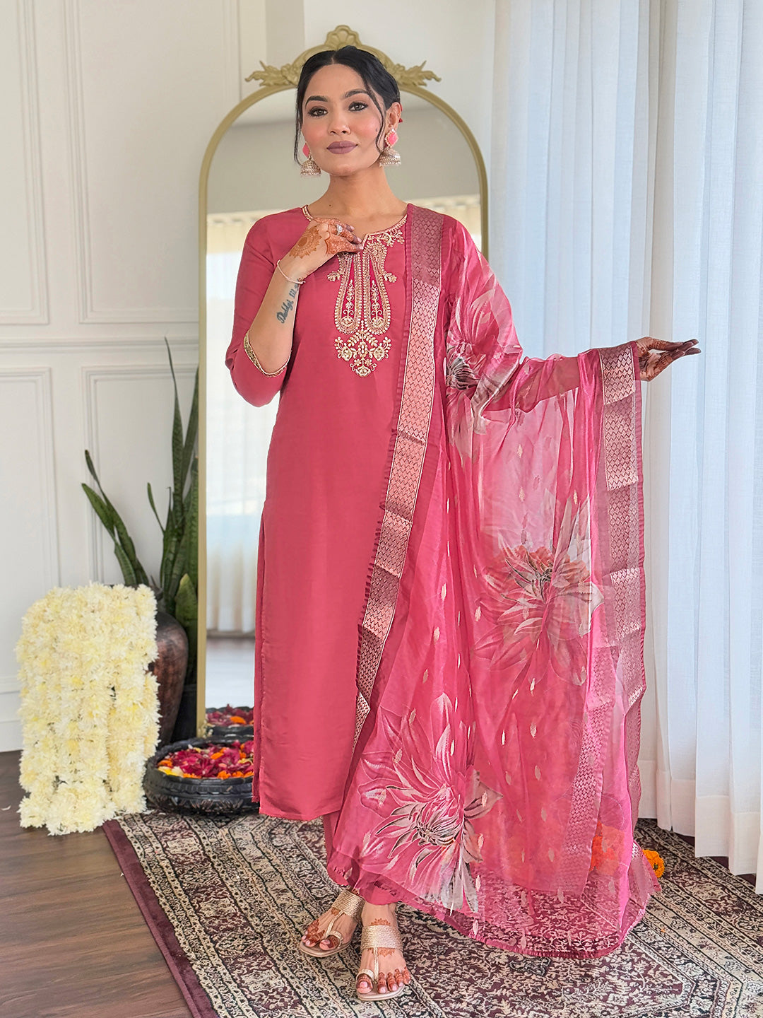 The52 Women's Chanderi Embroidery work Straight Kurta with Pant and Dupatta Set