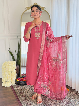 The52 Women's Chanderi Embroidery work Straight Kurta with Pant and Dupatta Set