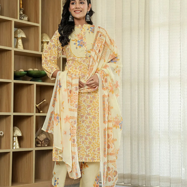 Yufta Yellow Cotton Straight Floral Sequins-Work Kurta Dupatta Set - Distacart