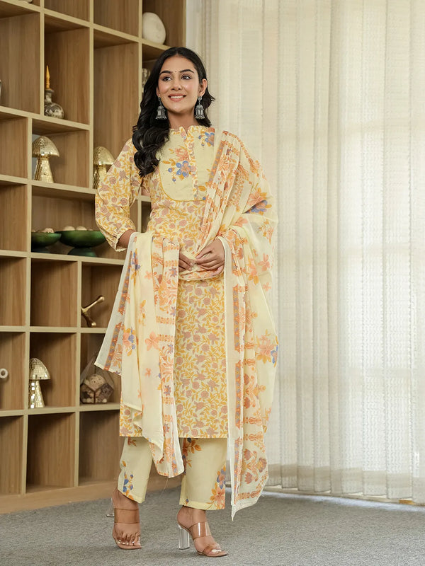 Yufta Yellow Cotton Straight Floral Sequins-Work Kurta Dupatta Set