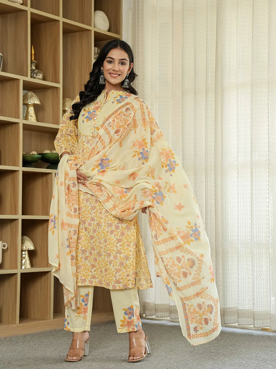 Yufta Yellow Cotton Straight Floral Sequins-Work Kurta Dupatta Set - Distacart