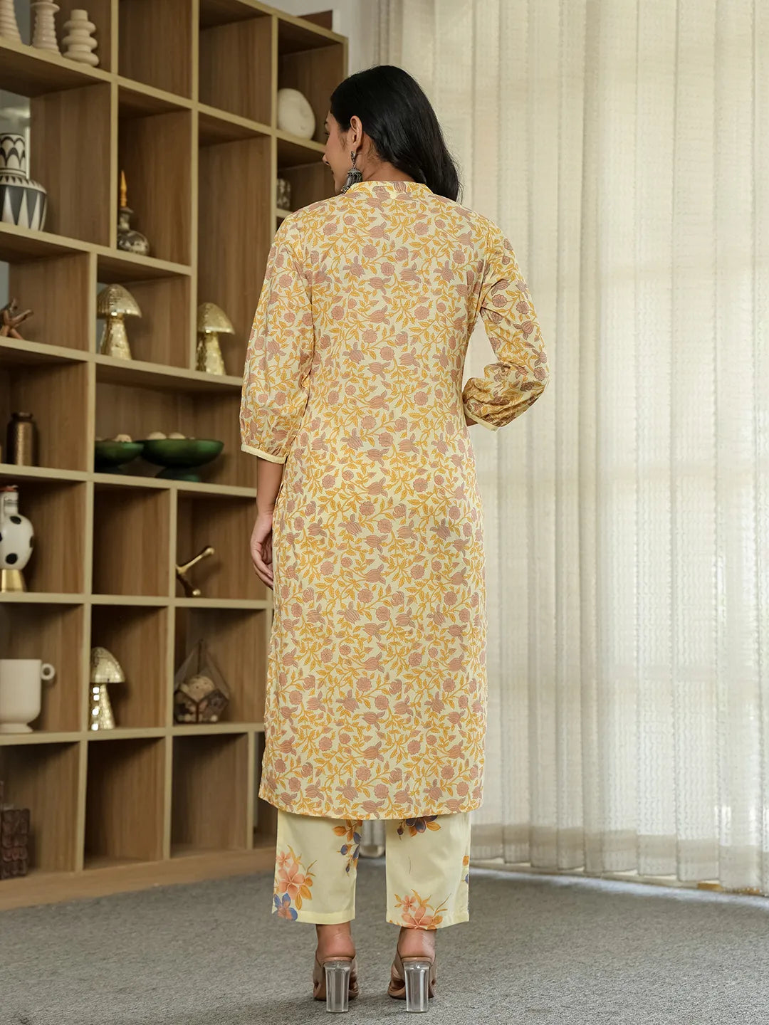 Yufta Yellow Cotton Straight Floral Sequins-Work Kurta Dupatta Set