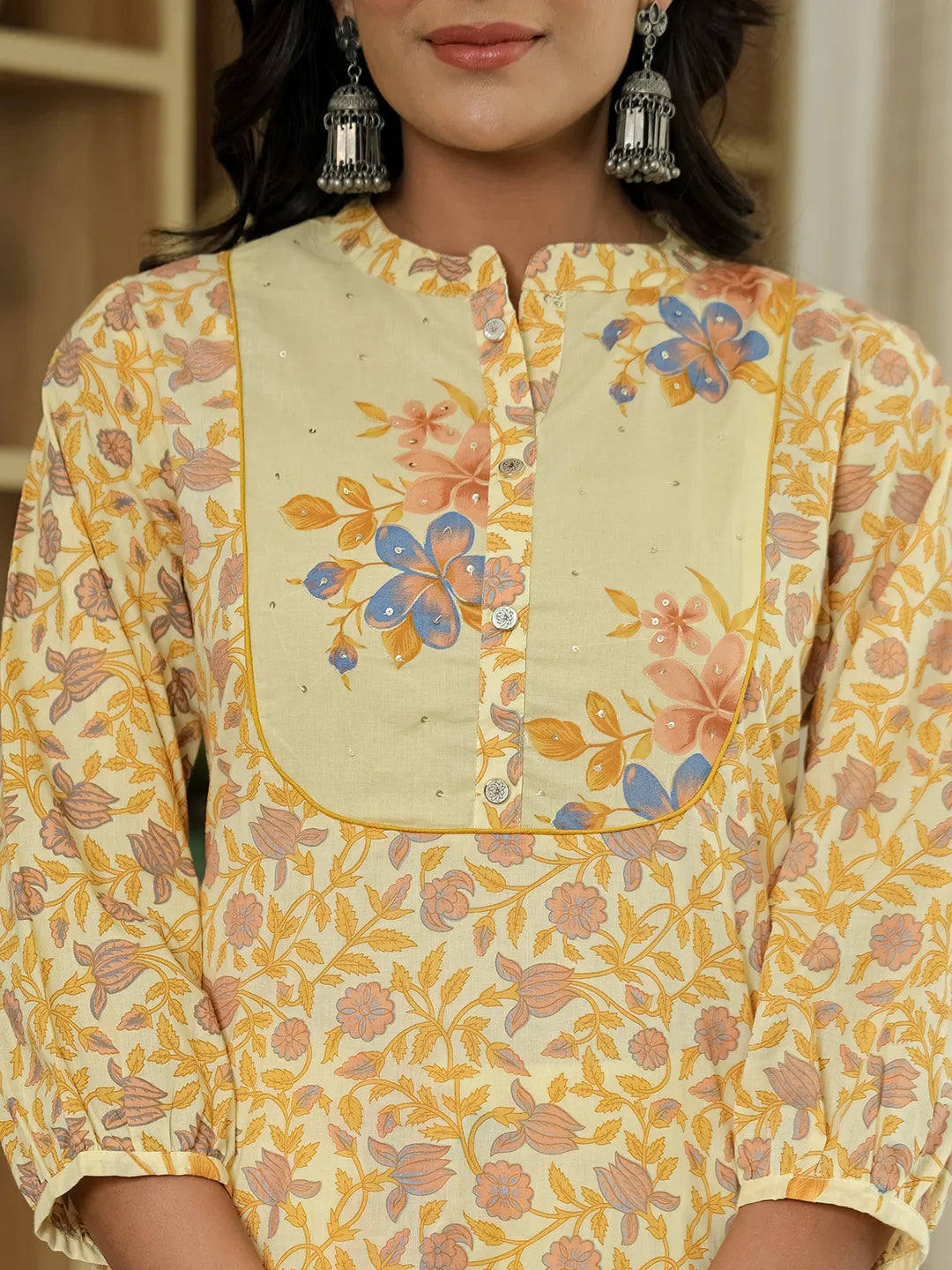 Yufta Yellow Cotton Straight Floral Sequins-Work Kurta Dupatta Set