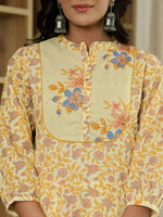 Thumbnail for Yufta Yellow Cotton Straight Floral Sequins-Work Kurta Dupatta Set