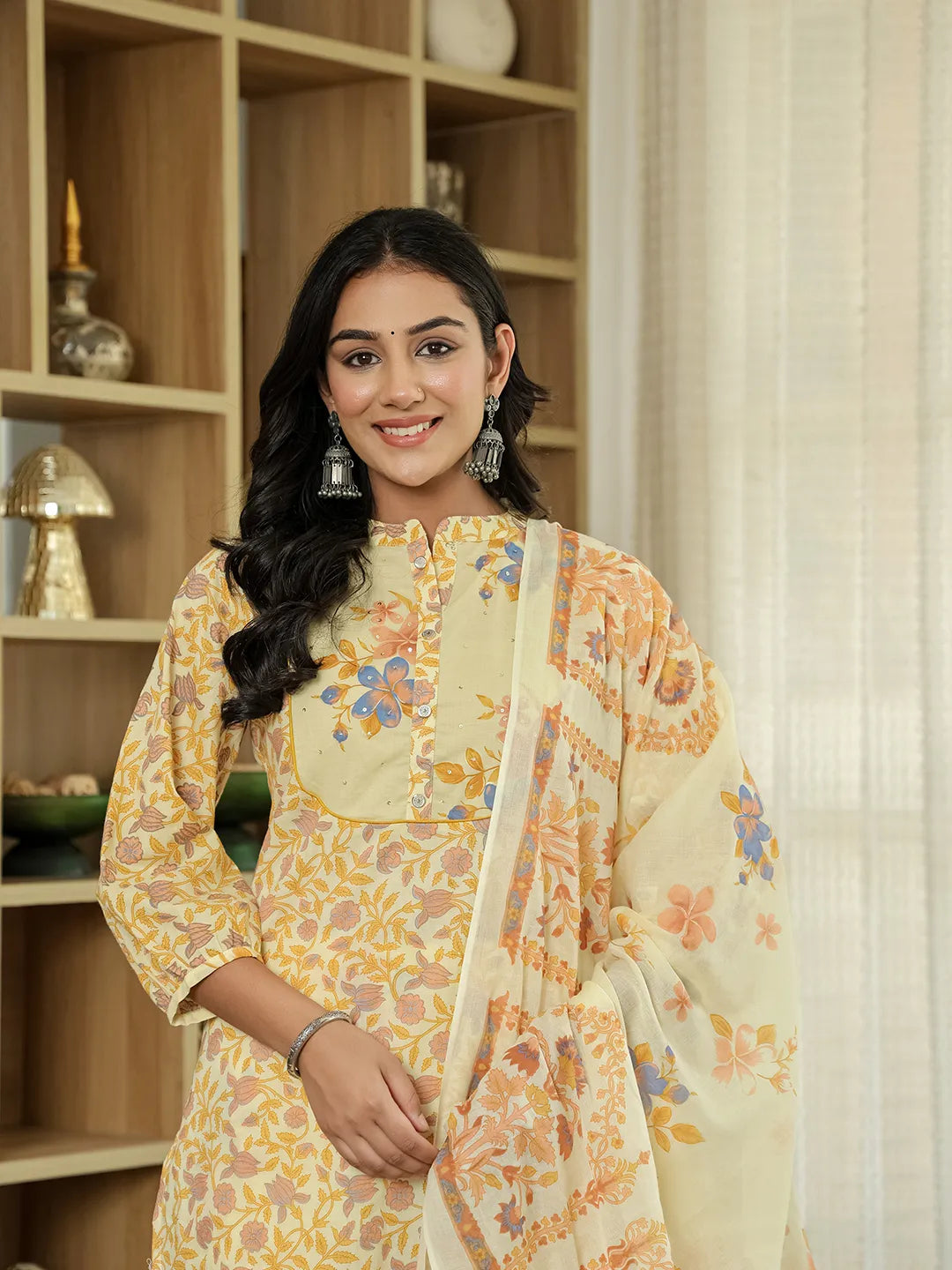 Yufta Yellow Cotton Straight Floral Sequins-Work Kurta Dupatta Set