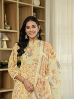 Thumbnail for Yufta Yellow Cotton Straight Floral Sequins-Work Kurta Dupatta Set