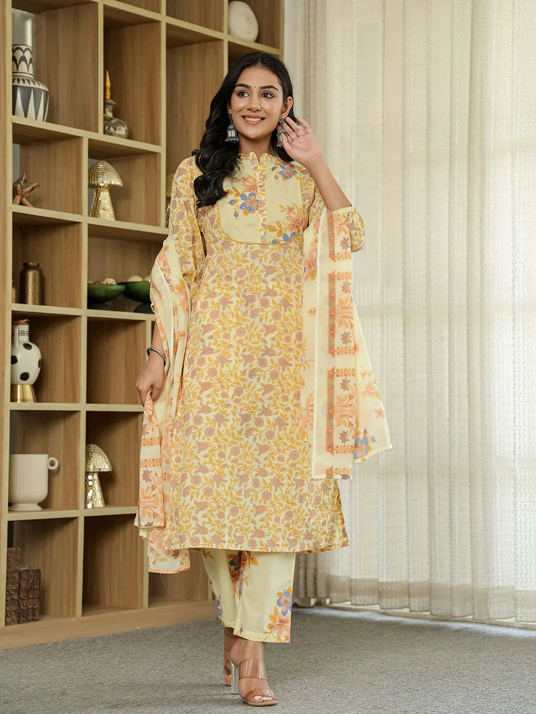 Yufta Yellow Cotton Straight Floral Sequins-Work Kurta Dupatta Set