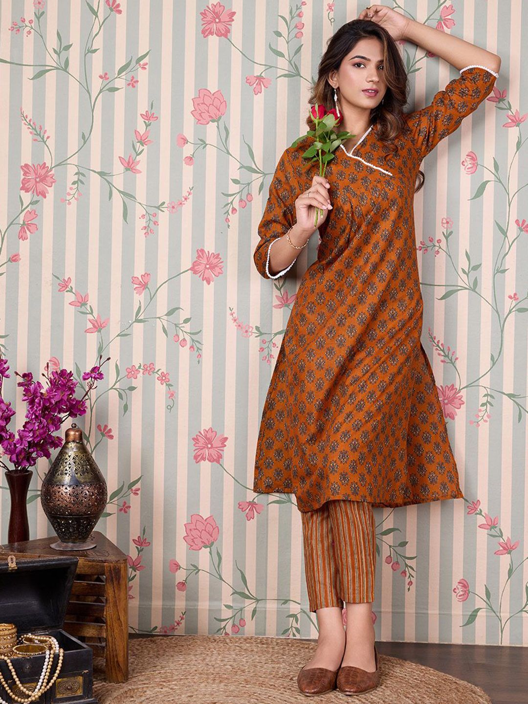 Ode by House of Pataudi Floral Printed Angrakha Pure Cotton Kurta with Trousers - Distacart