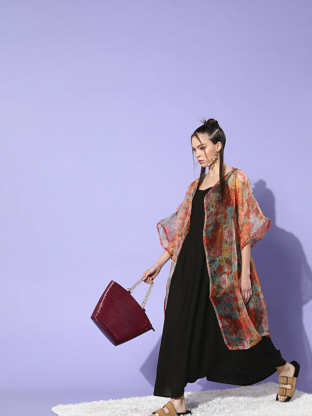 InWeave Black -Orange Organza Cape Set - Distacart