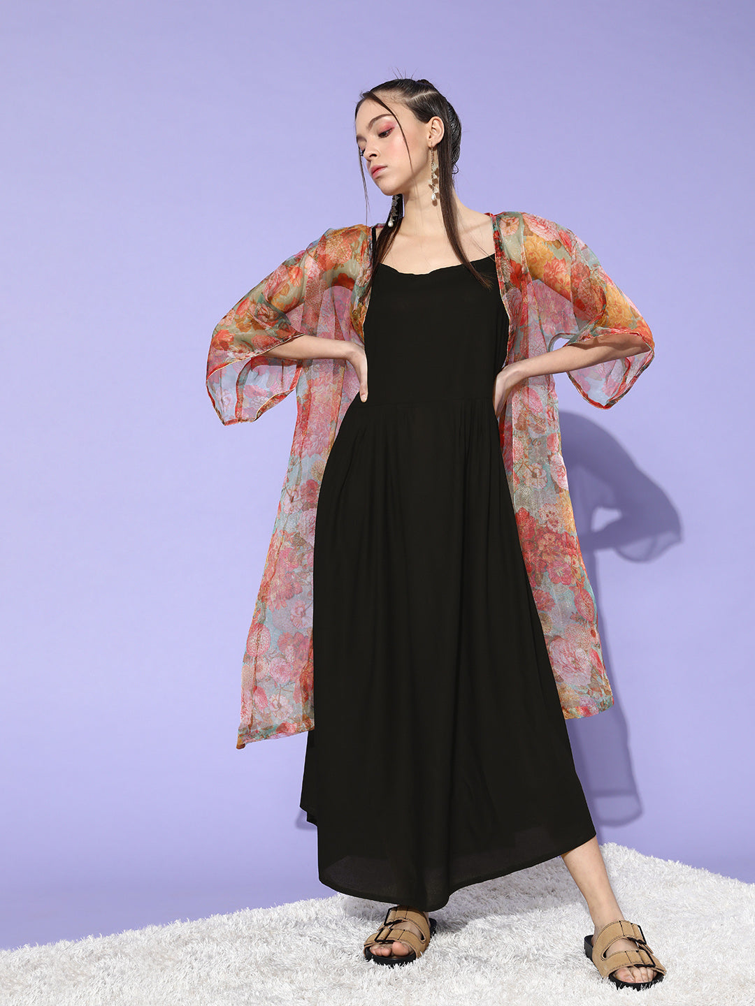 InWeave Black -Orange Organza Cape Set - Distacart