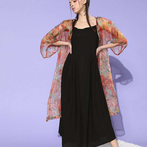 InWeave Black -Orange Organza Cape Set - Distacart