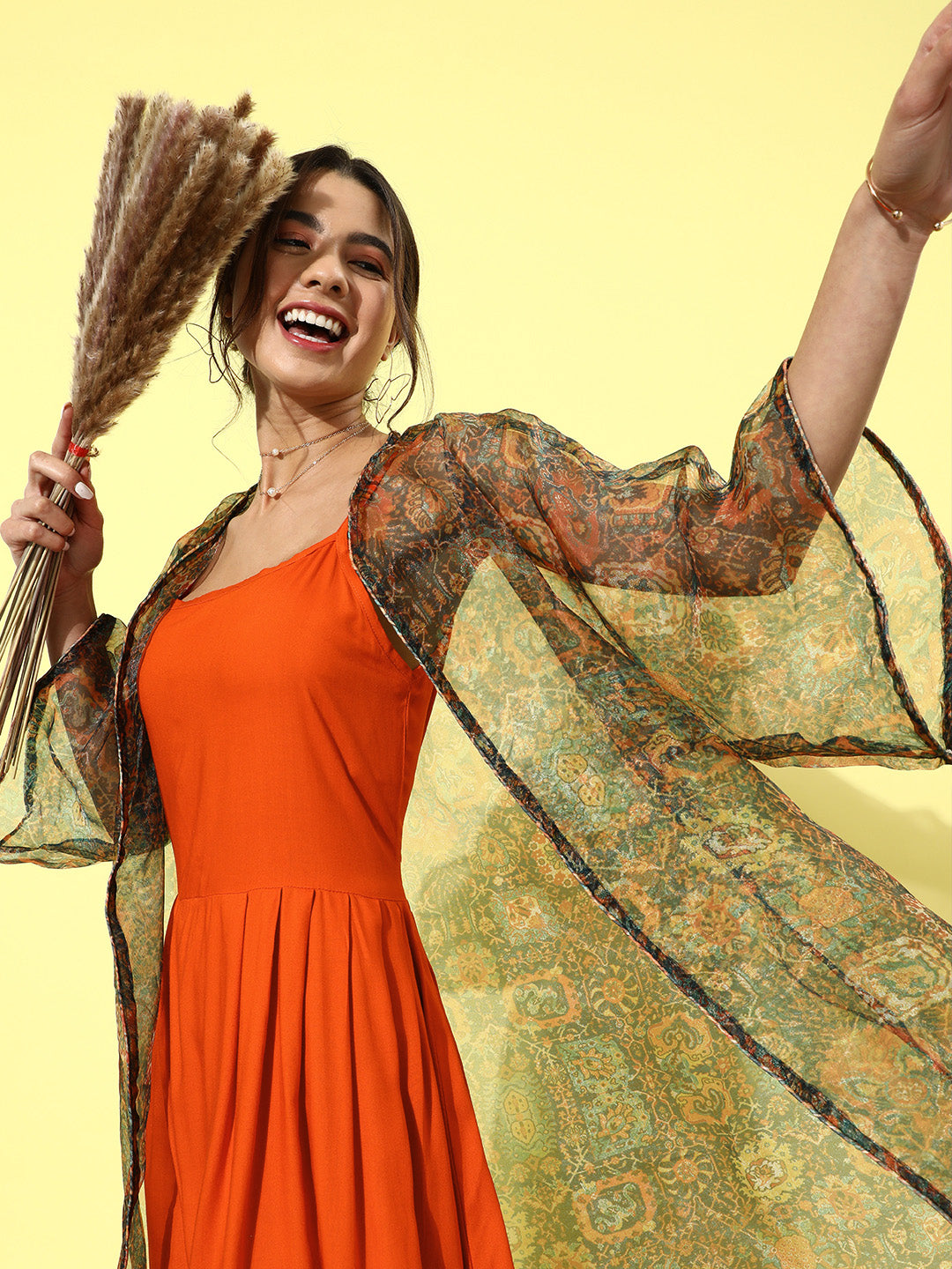 InWeave Orange - Multi Printed Organza Cape Set - Distacart