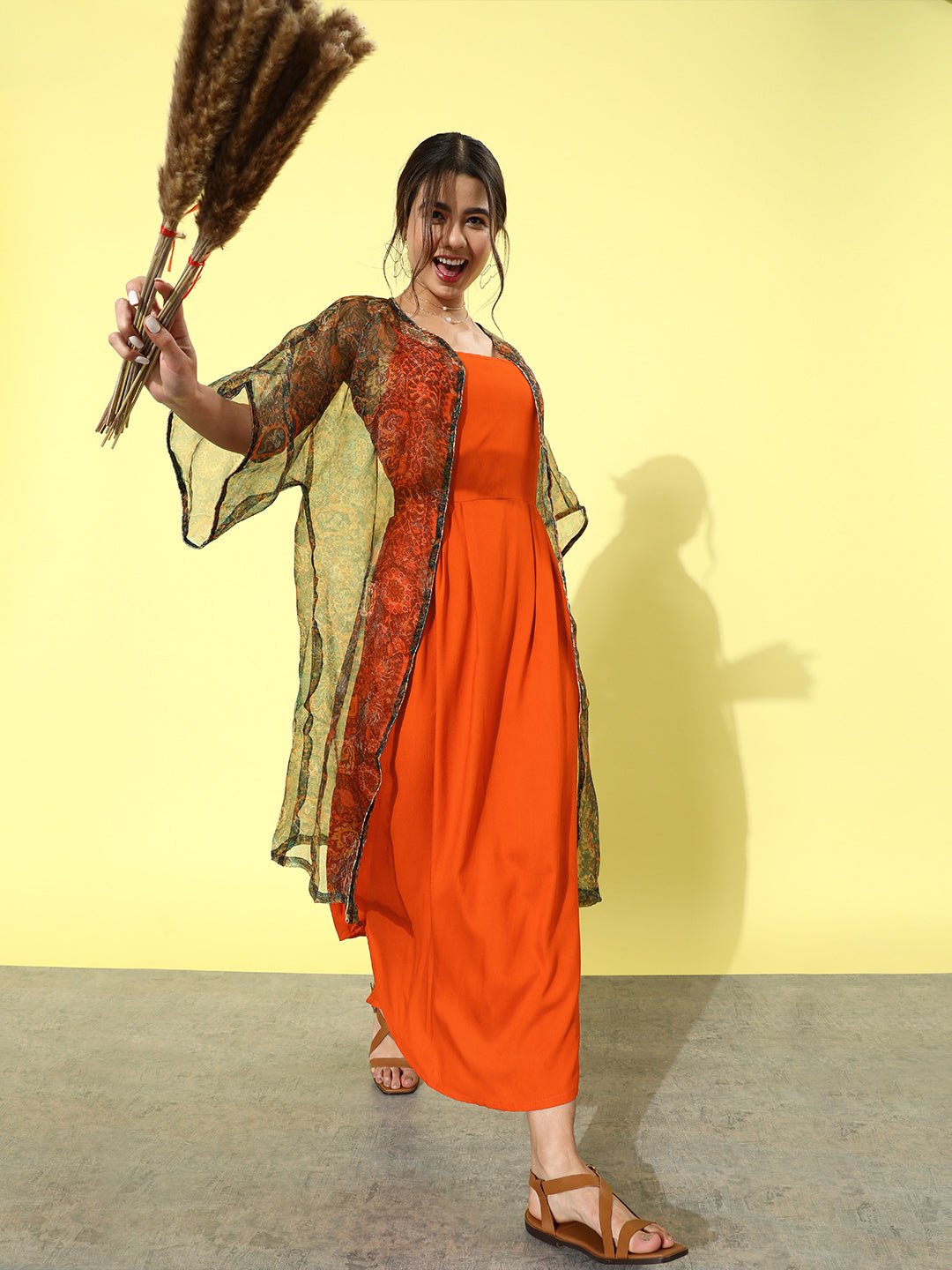 InWeave Orange - Multi Printed Organza Cape Set - Distacart