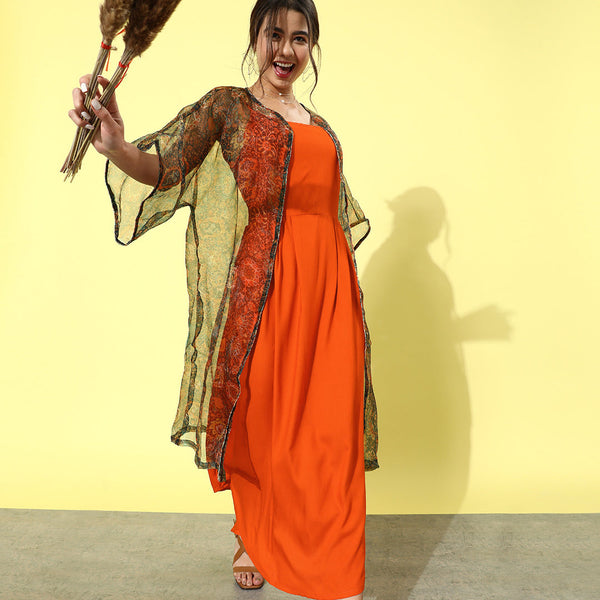 InWeave Orange - Multi Printed Organza Cape Set - Distacart