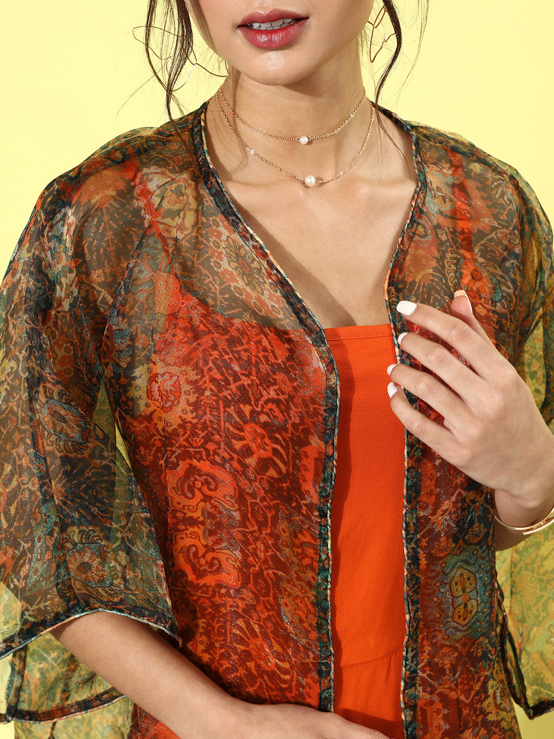 InWeave Orange - Multi Printed Organza Cape Set