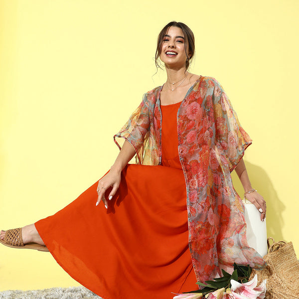 InWeave Orange Floral Printed Organza Cape Set - Distacart