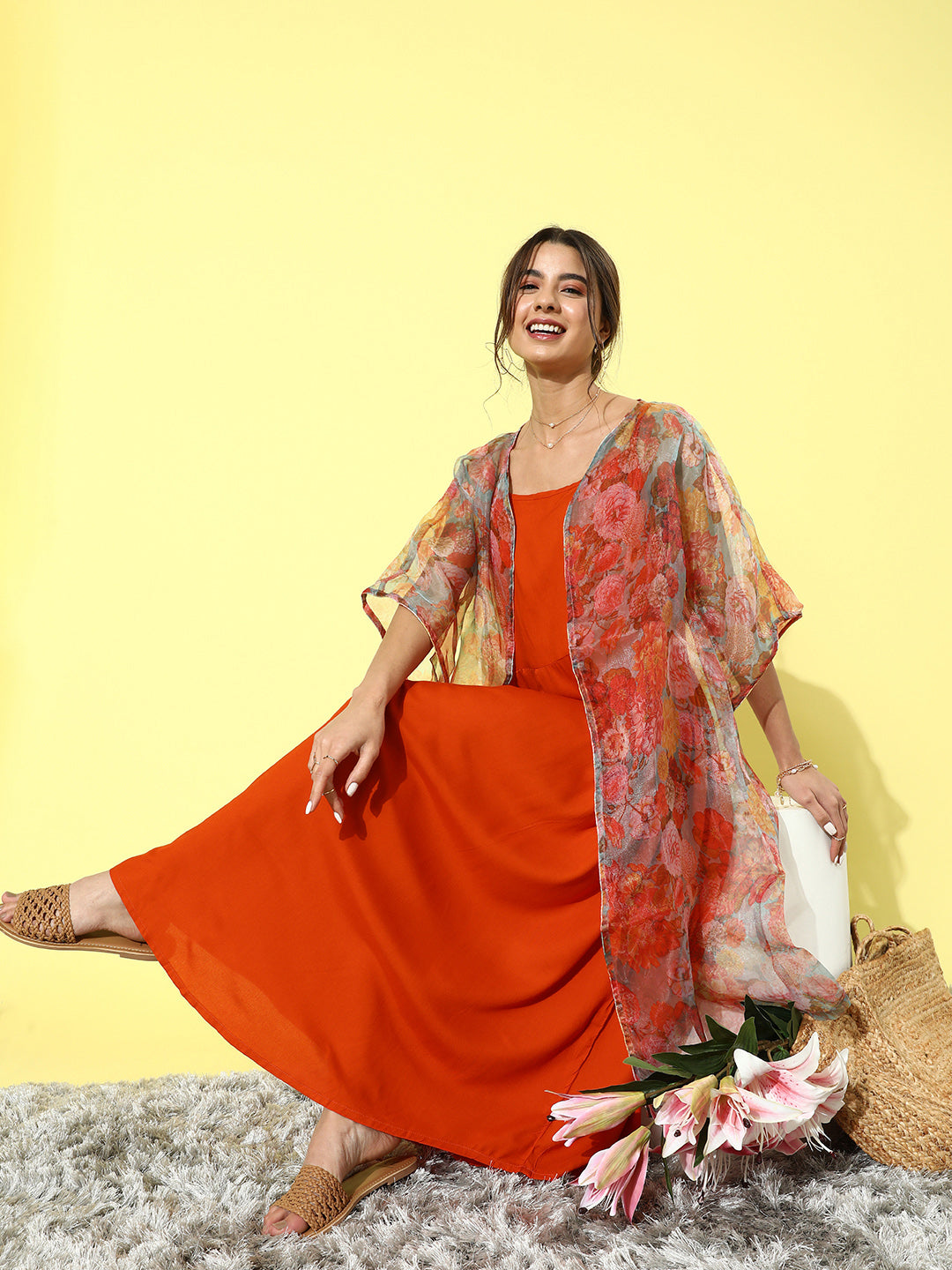 InWeave Orange Floral Printed Organza Cape Set - Distacart