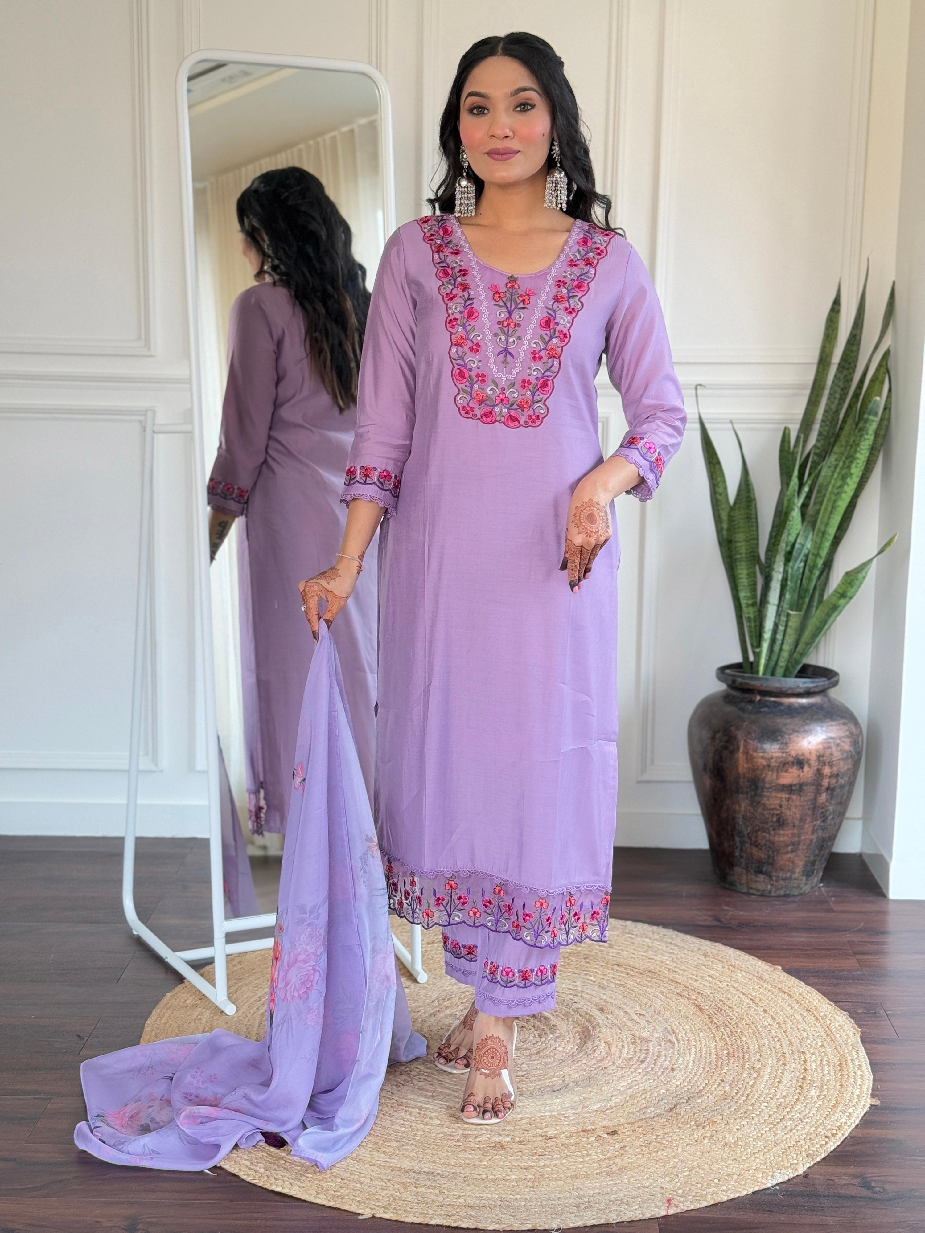 The52 Beautiful Women's Thread work Viscose Fabric Straight Kurta, Pant and Dupatta Set