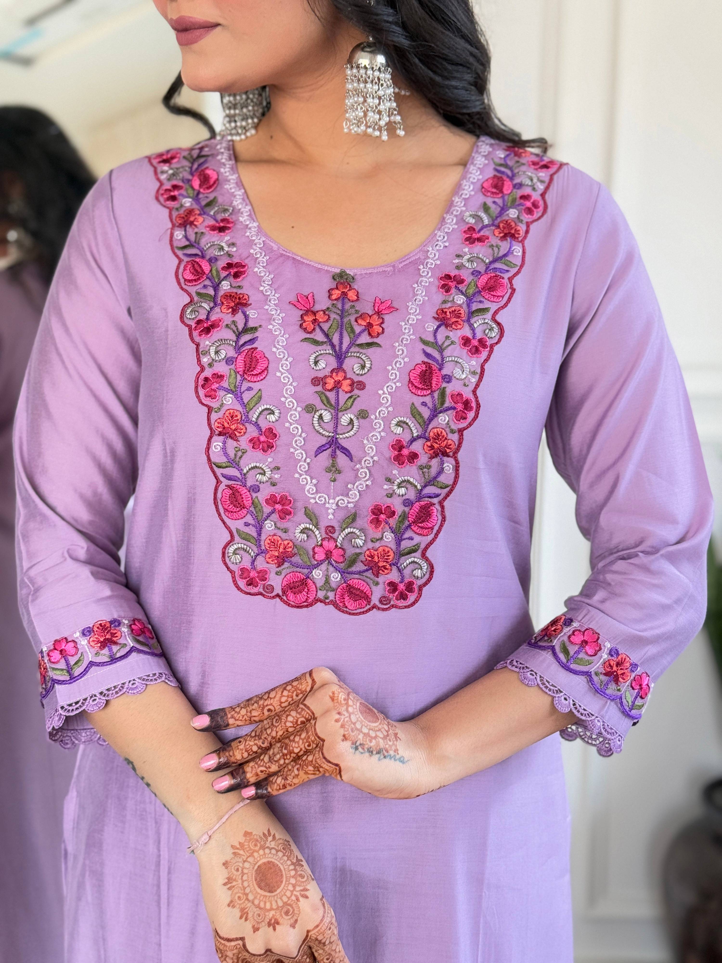 The52 Beautiful Women's Thread work Viscose Fabric Straight Kurta, Pant and Dupatta Set