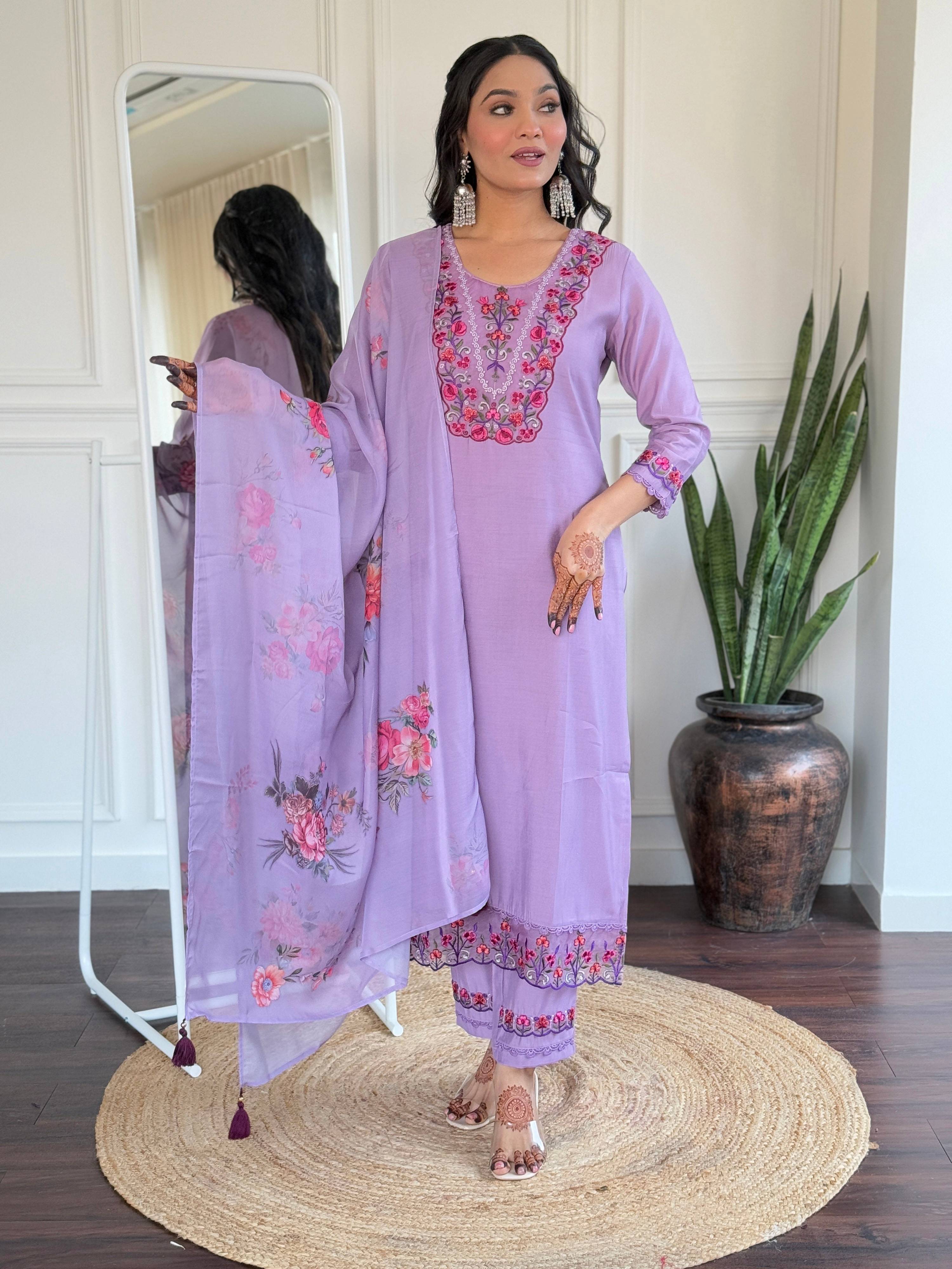 The52 Beautiful Women's Thread work Viscose Fabric Straight Kurta, Pant and Dupatta Set