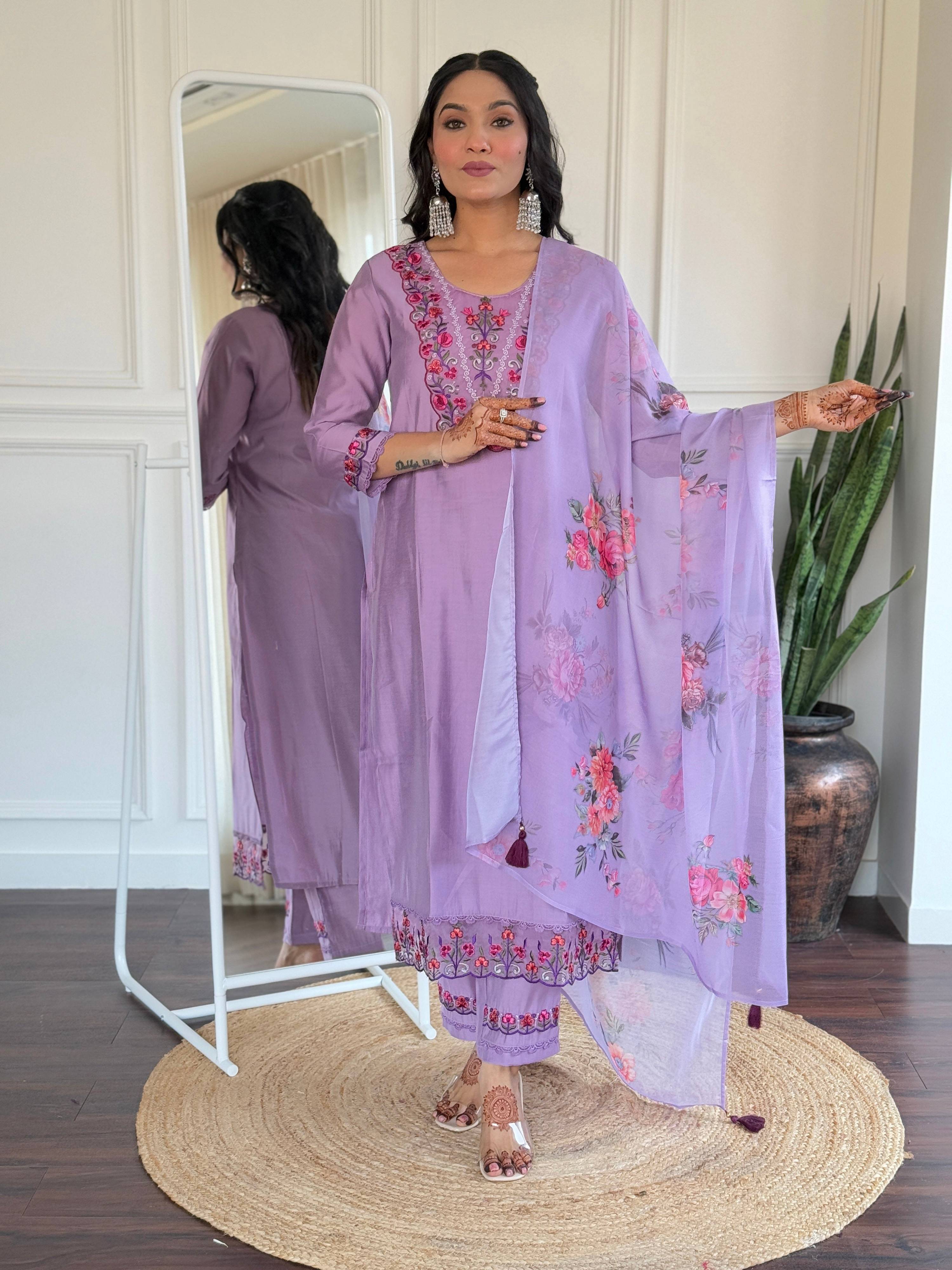 The52 Beautiful Women's Thread work Viscose Fabric Straight Kurta, Pant and Dupatta Set
