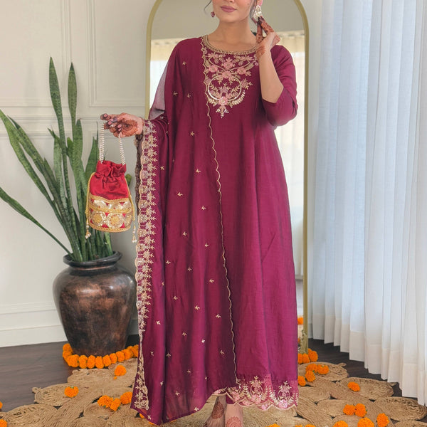 The52 Embroidery Work with Vichitra Silk Fabric A-line Kurta, Pant and Dupatta Set - Distacart