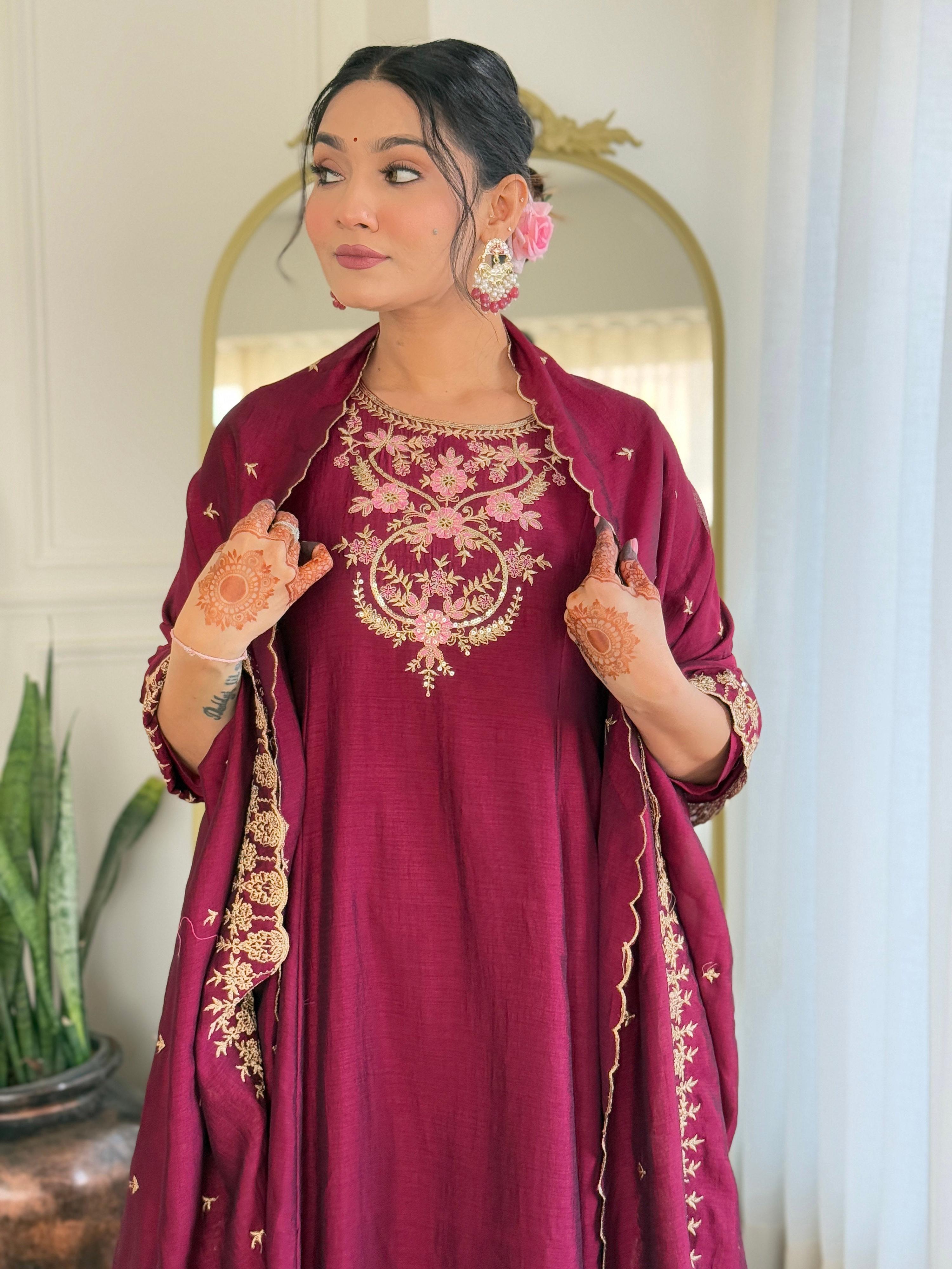The52 Embroidery Work with Vichitra Silk Fabric A-line Kurta, Pant and Dupatta Set