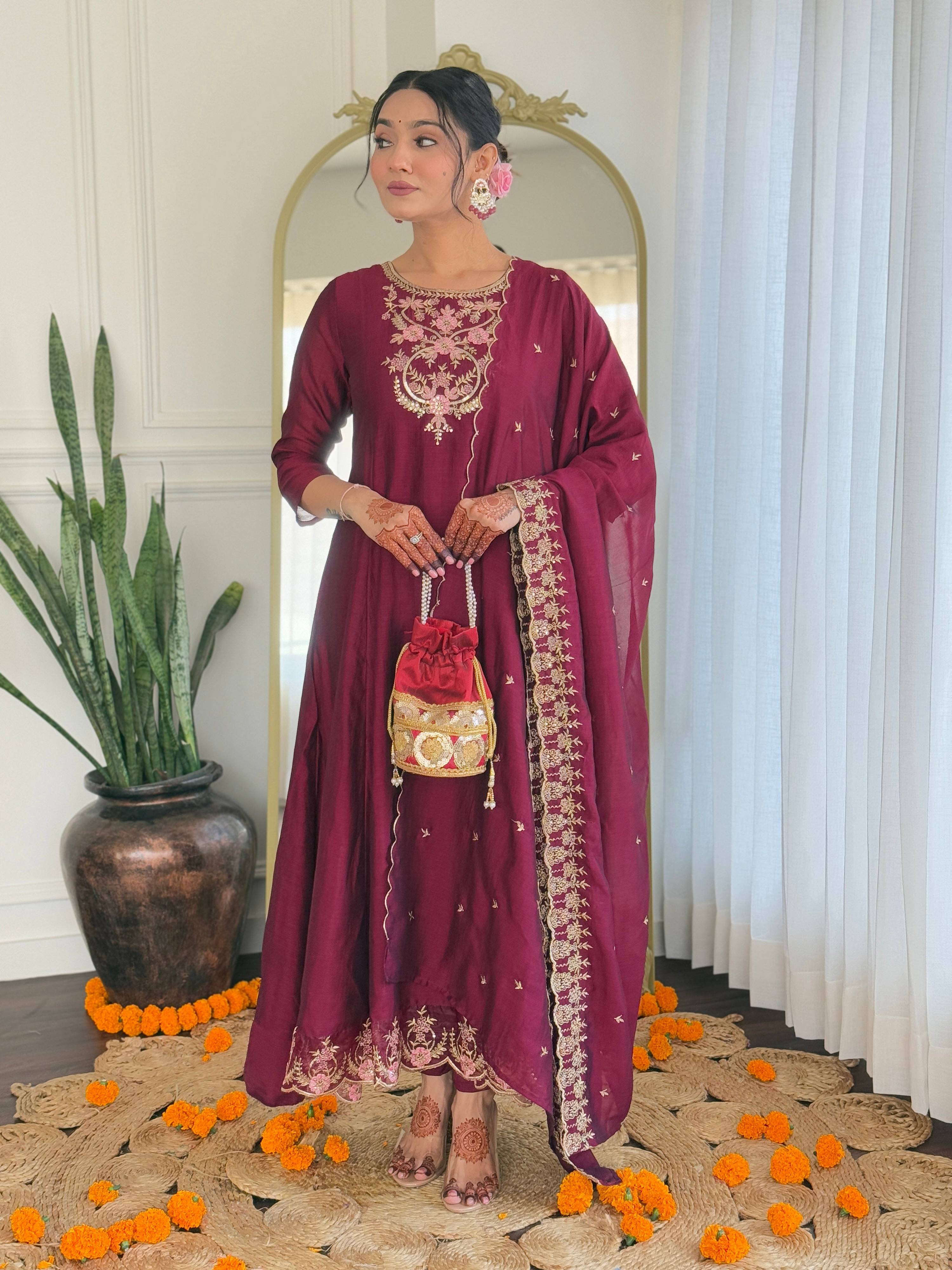 The52 Embroidery Work with Vichitra Silk Fabric A-line Kurta, Pant and Dupatta Set