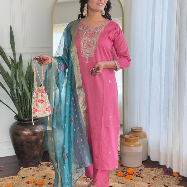 The52 Women Gorgeous Embroidery Work with Viscose Silk Fabric Straight Kurta, Pant and Dupatta Set