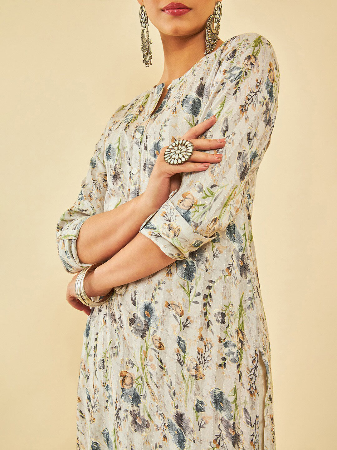 Soch Floral Printed Thread Work Straight Kurta - Distacart