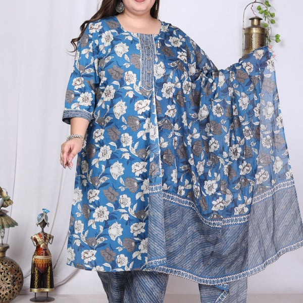 Swasti Floral Printed Regular Sequinned Pure Cotton Kurta with Trousers & Dupatta - Distacart