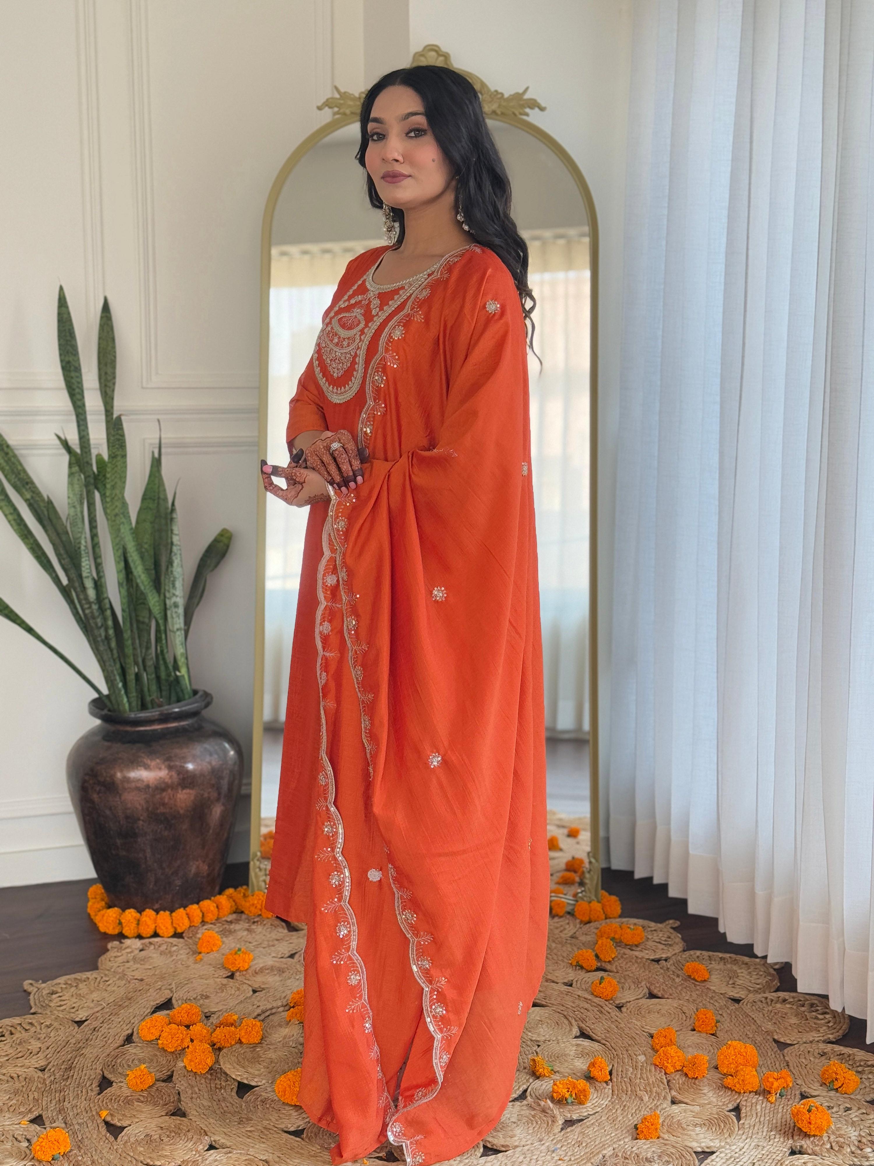 The52 Women's Orange Embroidered Vichitra Silk Fabric Straight Kurta, Pant and Dupatta Set
