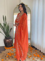 Thumbnail for The52 Women's Orange Embroidered Vichitra Silk Fabric Straight Kurta, Pant and Dupatta Set