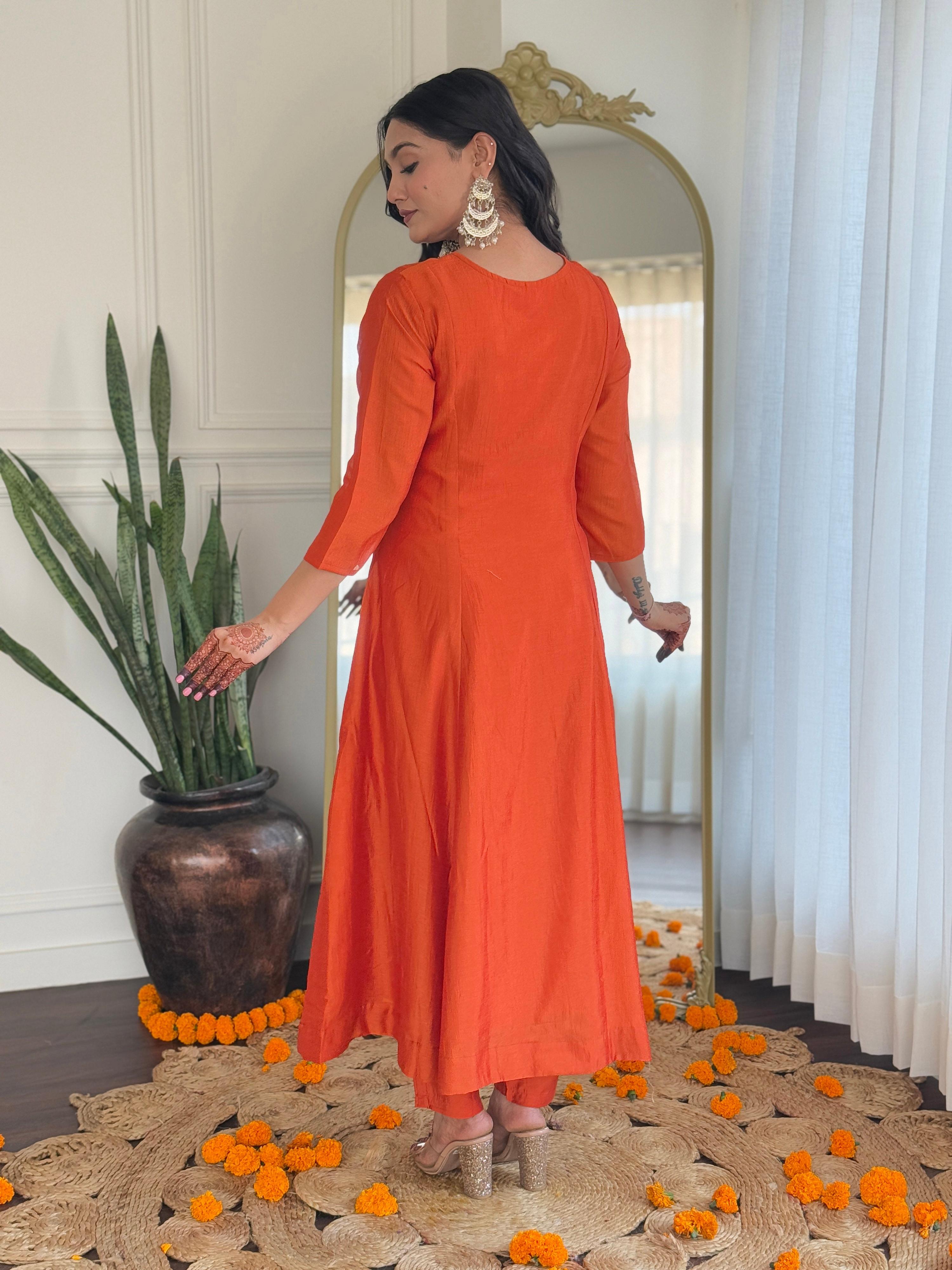 The52 Women's Orange Embroidered Vichitra Silk Fabric Straight Kurta, Pant and Dupatta Set