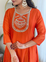 Thumbnail for The52 Women's Orange Embroidered Vichitra Silk Fabric Straight Kurta, Pant and Dupatta Set