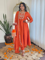 Thumbnail for The52 Women's Orange Embroidered Vichitra Silk Fabric Straight Kurta, Pant and Dupatta Set